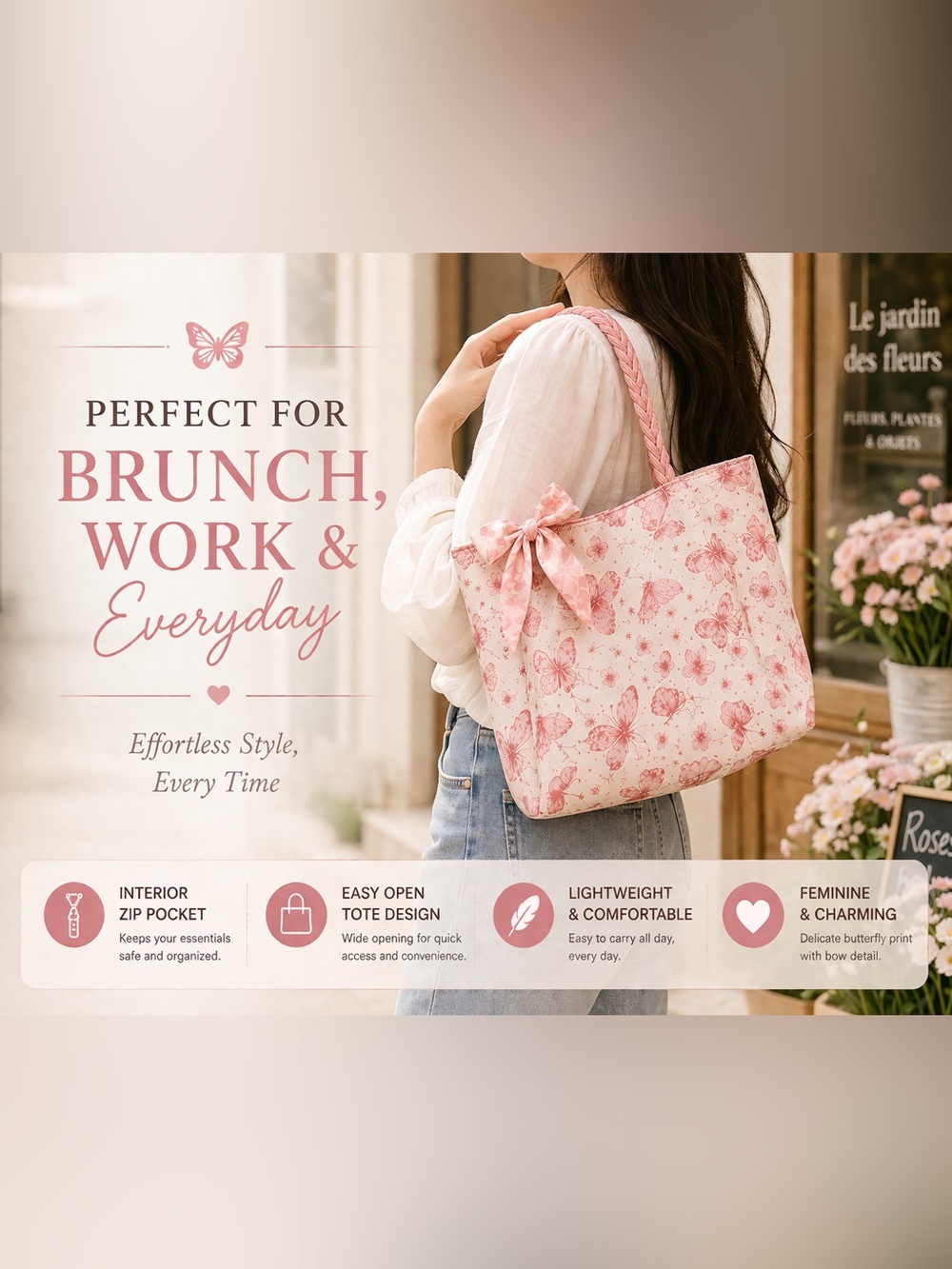 Pink Butterfly Bow Tote Bag Coquette Soft Girl Feminine Everyday Shoulder Bag - Picture 2 of 6